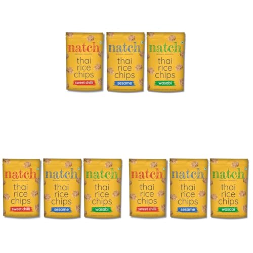 Image of Natch Thai Rice Chips Variety Pack, Healthy Snakcs 100% All Natural, Vegan, Gluten Free, Preservatives Free, Low Calorie, Sesame, Wasabi & Sweet Chilli Flavour, 100g each (Pack of 9)