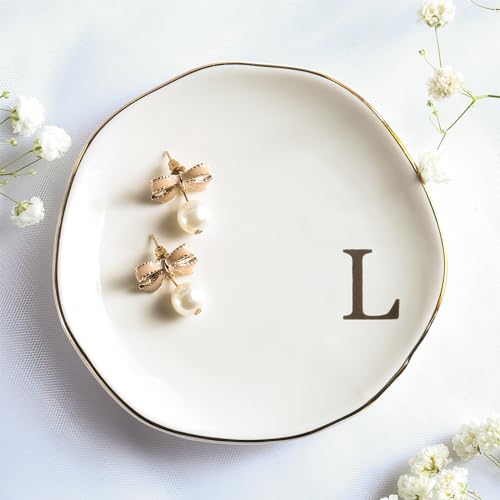 Yoqanr Ceramic Jewelry Tray Ring Dish Personalized A-Monogrammed Engagement Wedding Gifts, for Birthday Mother's Day for Women, Ceramic White 4.75"" (L)