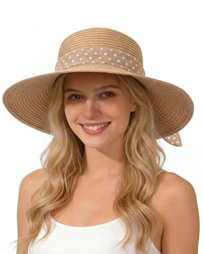 Senker Fashion Sun Hats for Women UV Protection, Wide Brim Beach Straw Derby Hat Packable Floppy for Summer Vacation UPF 50+ Khaki