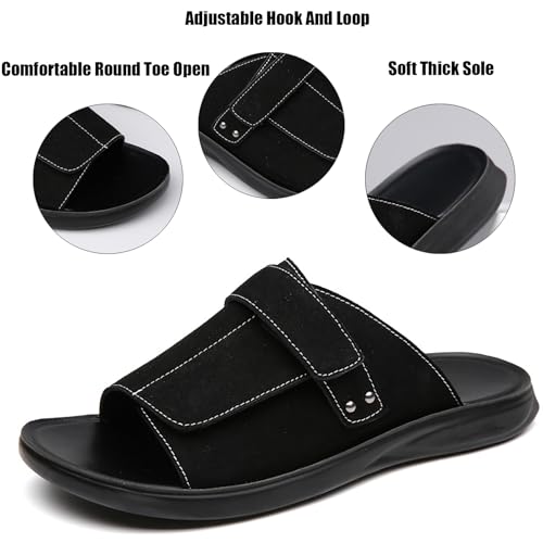 Men'S Leather Platform Slide Sandals With Adjustable Hook And Loop Fashion Round Toe Open Comfortable Slip On Soft Sole Non-Slip Casual Slippers For Daily Beach Walking2