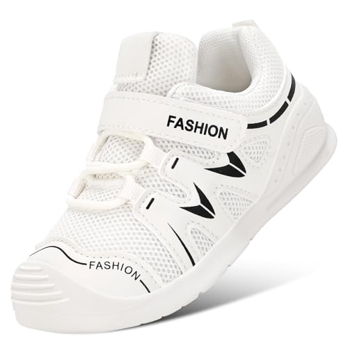 DEEKEY Toddler Shoes for Boys & Girls - First Walkers Non Slip Sneakers | Lightweight Breathable Barefoot Design for Preschool Running & Outdoor Play（White ，Toddler 2.5）