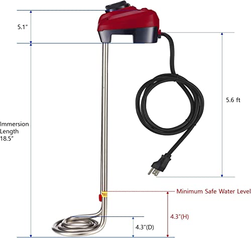 Kd 1600W Immersion Bucket Water Heater, Auto Shutoff, Overheating Prevention, Auto Water Level Senor, Adjustable Thermostat, Easy-To-Use (Red / 1600 Watt) #TOP1