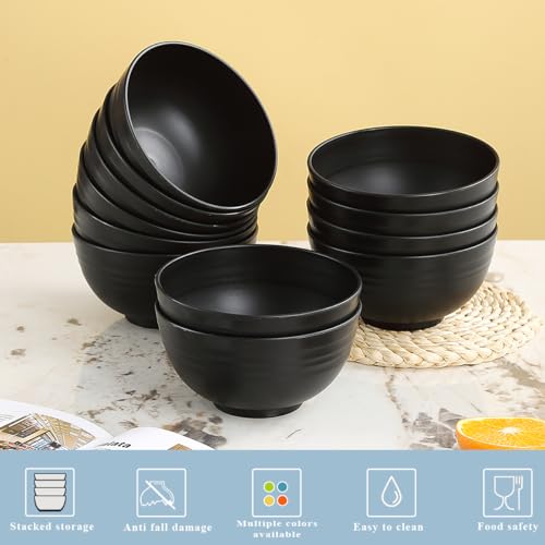 Berglander Zestaw czarnych misek z tworzywa sztucznego, 12 sztuk, 750 ml, wielokrotnego użytku, plastikowe miski na rameny, miski na zupę, miski na musli dla dorosłych, dzieci, do domu, restauracji,