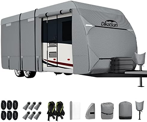 DikaSun Travel Trailer RV Cover, 7-Ply Layers Top 14-16ft Windproof Waterproof UV Protection Ripstop Camper Cover with Tongue Jack Cover, Gutter Covers and Extra Long Straps