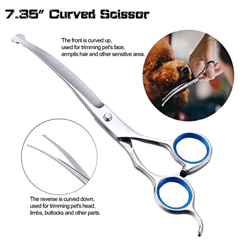 SCEDREAM Dog Grooming Scissors for Dogs with Safety Round Tips, 5 in 1 Dog Scissors for Grooming, Professional Curved Pet Grooming Shears Set for Dogs and Cats