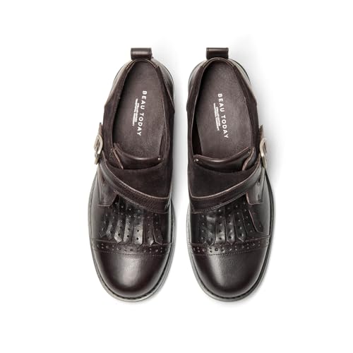 Image of BEAU TODAY Women's Leather Loafers, Wingtip Brogue Monk Strap Shoes | Genuine Leather, Round Toe, Low Heel, Metal Buckle, Non-Slip, Comfortable Business Casual Flats for Work and School