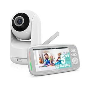 Omesiry Babyphone Caméra, Babyphone Vidéo Écran 5” HD 720P avec Fonctions Pan-Tilt-Zoom à Distance, VOX, Vision Nocturne, Capteur de Température, Fonction Interphone, Portée de 1000 Pieds (Blanc)