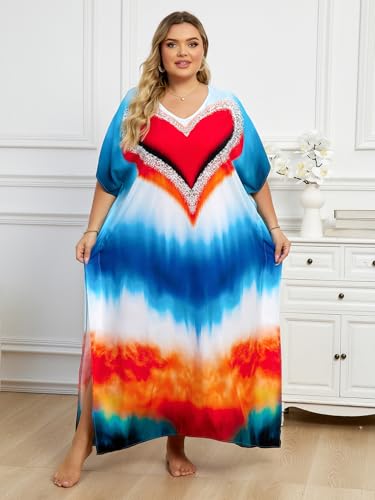 Image of KECVOT Kaftan Dresses for Women V-Neck Print Swimsuit Cover Up Plus Size Beach Caftan Lounge Dress