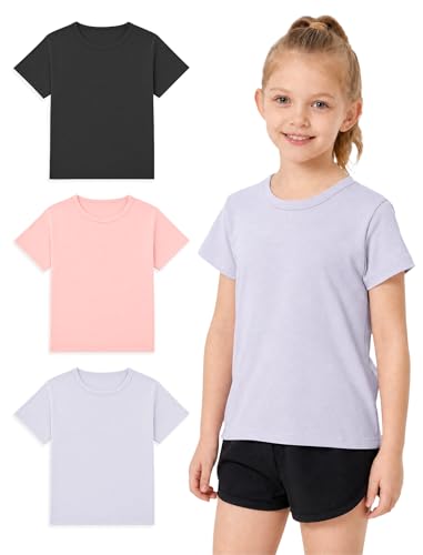 Wenlia Girls Athletic Shirts Short Sleeve Sports Tee Multi-Pack Summer Soft Activewear Tops, Black/Pink/Purple, 11-12 Years, 150