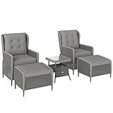 Outsunny 5 Piece Rattan Garden Furniture Set with Recliner Chairs, Wicker Patio Conversation Set with Footstools, 2-Tier Glass Top Coffee Table, Cushions for Outdoor, Balcony, Porch, Charcoal Grey - Image 1