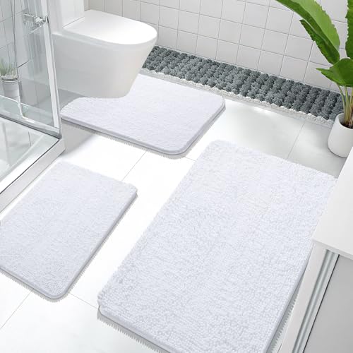 OLANLY Chenille Bathroom Rugs Sets 3 Piece, 36"x24"+24"x16"+24"x20", White