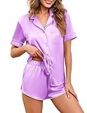 Ekouaer Womens Satin Silk Short Sleeve Button Down Top and Shorts Sleepwear Pajamas Set Lilac Medium