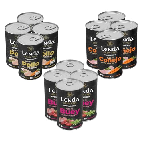 Lenda Pack 12 x 400gr Comida Húmeda Hipoalergenica para Perros Jovenes y Adultos - Pack Degustacion - Alimento Completo y Natural para Todas Las Razas - Sin Cereales con Condroprotectores