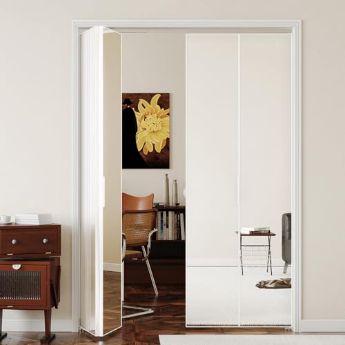 Image of Bifold Door for 48 inchx80 inch Opening, Preassembled Aluminum Alloy Mirrored Folding Door with Hardware Kit Included, Interior Bi fold Barn Door for Bedroom & Closet, Silver