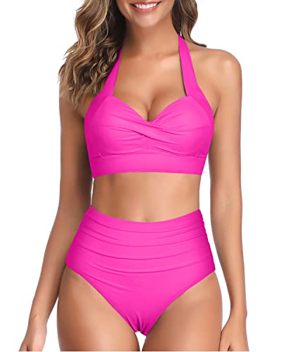 Tempt Me Women s Vintage Swimsuits Hot Pink Retro Halter Ruched High Waist Bikini with Bottom XL