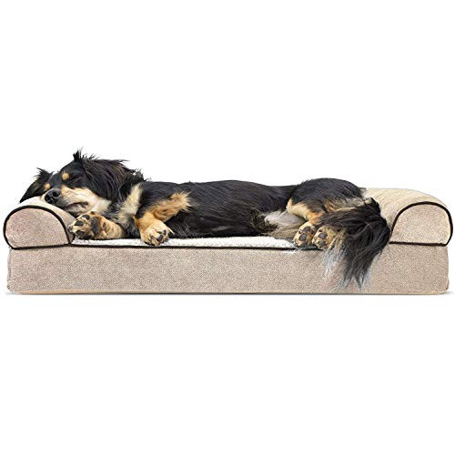 Image of FurHaven Soft, Orthopedic Foam Sofa Dog Bed with Washable & Removable Cover - Sherpa /Chenille - Cream, Dogs Up to 35 lbs - Medium