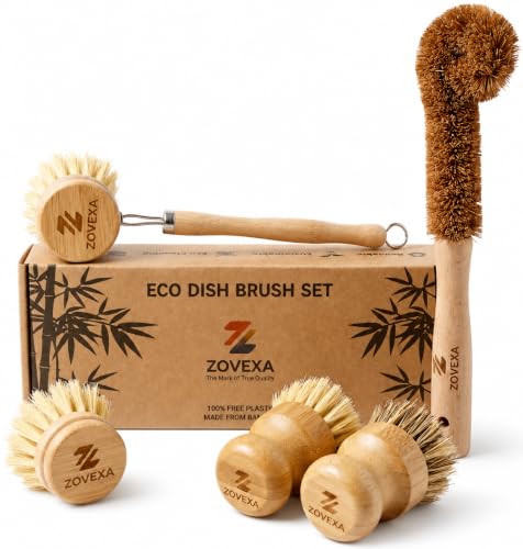 ZOVEXA Bamboo Dish Brush Set - Natural Sisal Kitchen-Scrubbers for Plate Glass Bottle & Frying Pan - Sustainable Wooden Washing Up brushes with Replacement Head - 100% Plastic-Free-Non-Toxic 5 Pack