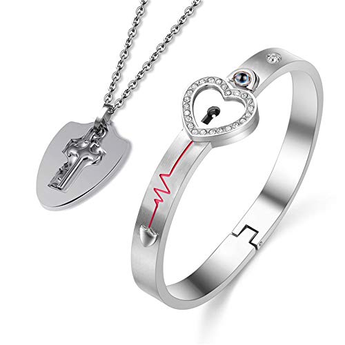SONGCHANGJEWELRY Lock Bracelet and Key Necklace - 100 Languages I Love You Couples Jewelry, Romantic Gift for Valentines Day, Birthday, Christmas, Wedding, Anniversary (White)