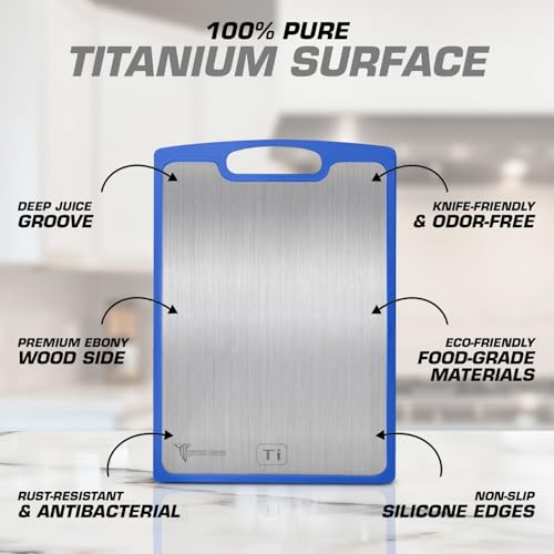 Tablas de Cortar de Titanio para Cocina – Tabla de Corte Dual con Superficie de Titanio Puro y Madera, Duradera, Fácil de Limpiar con Ranura para Jugos – Grande 15 x 10 (Azul) miniatura 2