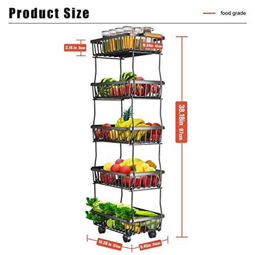 Fruit Vegetable Basket, 5 Tier Fruit Vegetable Storage Cart, Vegetable Basket Bins Rack For Onions And Potatoes, Rolling Utility Cart For Kitchen Pantry Bedroom Living Room, With Handle #TOP1
