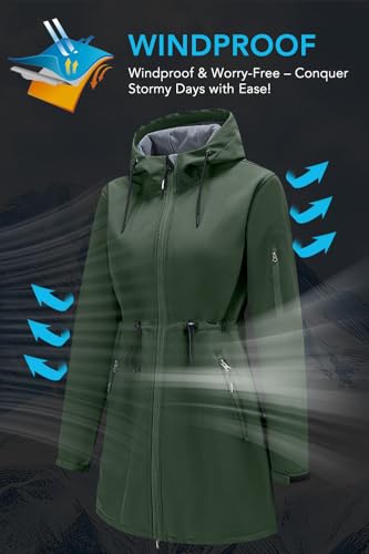 Image of FARVALUE Women's Long Softshell Jacket Waterproof Lightweight Warm Windproof Hooded Fleece Lined Rain Coat for Outdoor
