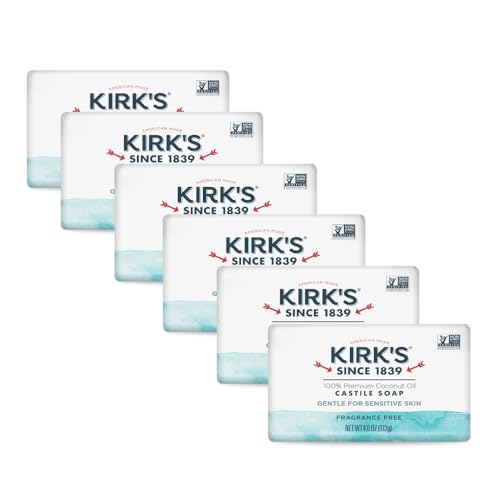 Kirks Castile Bar Soap for Men Women & Children - Made with Premium Coconut Oil Sensitive Skin Formula- Vegan & Non GMO- Fragrance Free- 4 oz. Bars 6 Pack