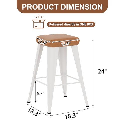 Image of Yongchuang Backless Bar Stools Set of 4, 24 inch Brown PU Leather Barstools | Modern Farmhouse Upholstered Bar Height Stools with White Metal Legs for Kitchen Island, Dining Room, Home Bar
