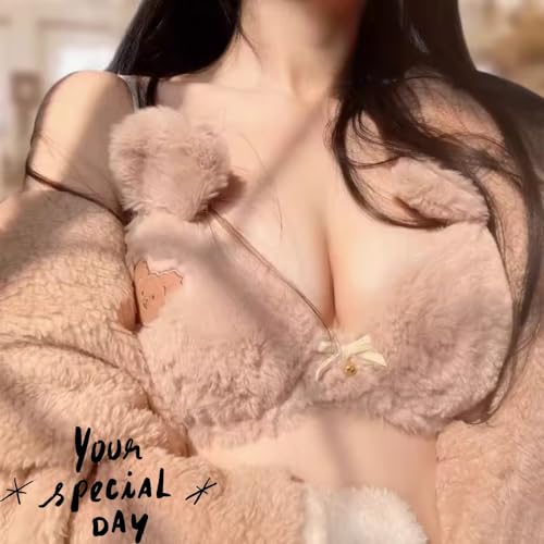 Image of Imported Fluffy Teddy Bra Panty Set for Women Cute Lingerie Soft Teddy Lingerie Cute Cartoon Design Bra Set Bridal Lingerie Set for First Night Honeymoon Date Night Anniversary Birthday