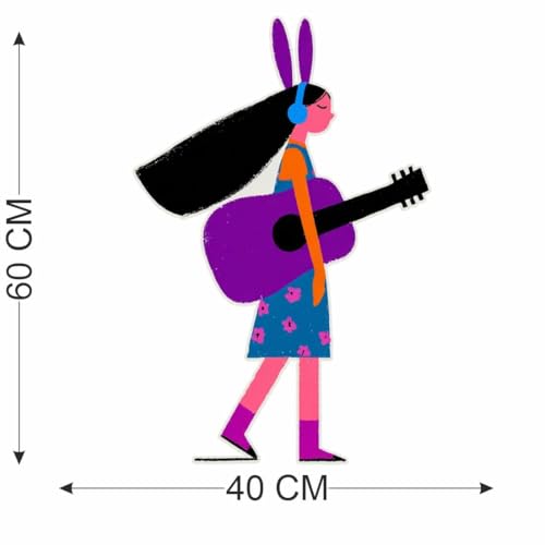 Image of Cute Girl with Guitar Wall Sticker | Cartoon Music Theme Self Adhesive Wall Decal for Kids Room, Bedroom, Nursery & Playroom Decoration