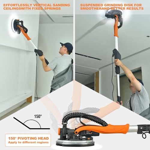 MAXXT Drywall Sander with Vacuum Dust Collection, 6 Variable Speed Foldable Telescopic Electric Wall Sander, Popcorn Ceiling Removal Tool, 1900RPM Power Sander Tool, LED Light, 18Pcs Sanding Discs by MAXXT - Image 4