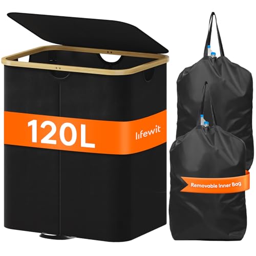 Lifewit 120L Pfandflaschen Sammelbehälter 2 fächer mit Deckel Groß Pfandflaschen Behälter 2 Tragetasche für ErhaltenFlaschensammler eignet sich für Küche Küche Abstellraum Flaschentasche Schwarz