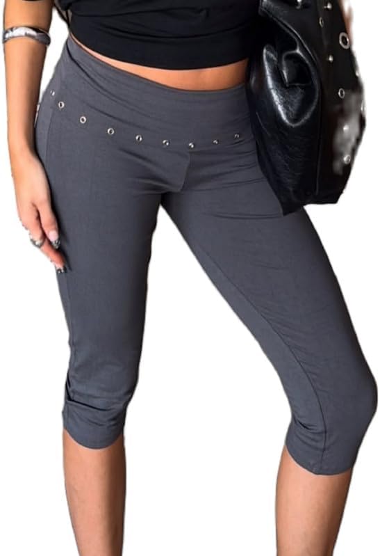 ROAONOCOMO Women’s Low Rise Foldover Capri Yoga Leggings Y2K Slim Fit Stretchy Capri Pants Athletic Gym Lounge Pants