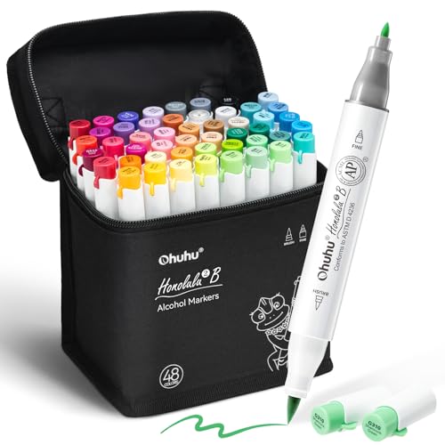 Ohuhu Alcohol Markers Brush and Fine Tip - 48-Color Alcohol-based Art Sketch Marker Set for Artist Adults Coloring Illustration - Brush and Fine Dual Tips- Honolulu 2B - Refillable - AP Certificated