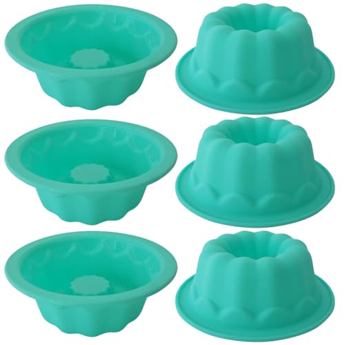 LoveDeal Silicone Small Fluted Cake Pans 4 Inch, Nonstick Baking Mold Pumpkin Shape, Reusable Round Mini Cake Pan Set, Individual Muffin Donut Pan for Cupcake, Jelly, Brownies- 6pcs, Green