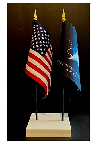Made In The Usa. 1 American And 1 United States Space Force Rayon 4"X6" Office Desk & Little Table Flag, Includes A 2-Hole White Arcticsno Deluxe Flag Base & 2 Small 4"X6" Mini Stick Flags #TOP24
