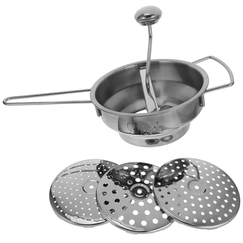 OKUMEYR Prensa de Patatas Manual de Acero Inoxidable Grande con Mango Ergonómico Hueco 3 Discos de Molienda 2Mm 3Mm 7Mm Machacador Giratorio para Verduras y Frutas Utensilio de
