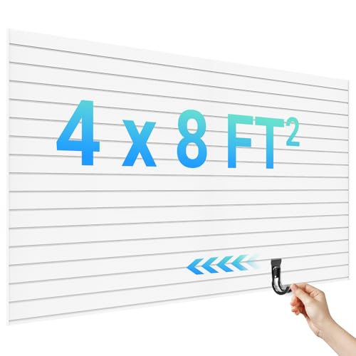 Ezlaino Slat Wall 4 FT x 8 FT, PVC Slat Wall Paneling, Upgraded & Thickened for Long-Lasting Durability, Easy to Install, Compatible with Most Hooks, Ideal for Garage Storage & Decoration, White