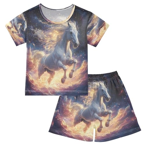 ALAZA Horse Cloud Galaxy Nebula Starry Pajamas Set Short Sleeve Cotton Sleepwear Summer Pjs 2 Piece 5-14Y