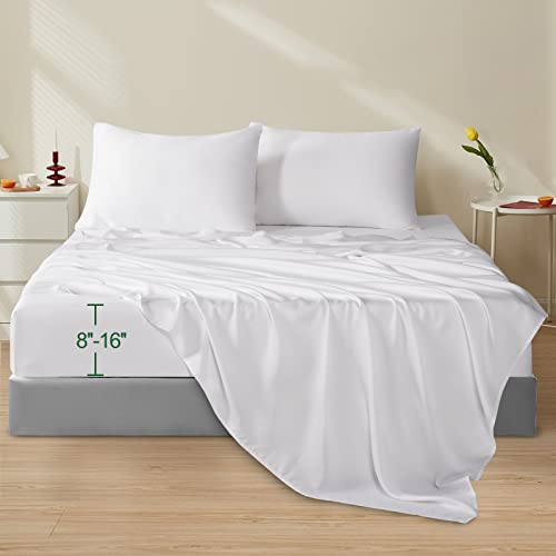 Easeland 100% Eucalyptus Lyocell Sheets King-Cooling Tencel Sheets For King Size Bed-4Pcs Percale Hotel Style Bed Sheets Set-Luxury Silky Soft For Hot Sleepers (16 Inch Pocket, King, White) #TOP18