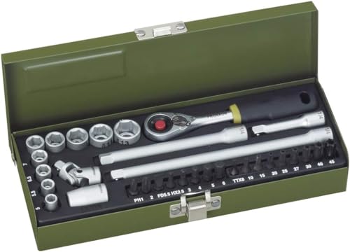 PROXXON Steckschlüsselsatz, Feinmechaniker-Satz mit 1/4"-Umschaltratsche sowie Schraubendrehergriff, 36-teiliges Werkzeug-Set mit Stahlkasten, 23080