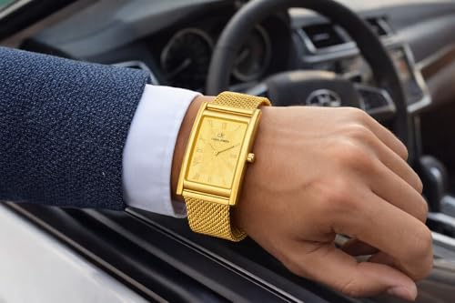 Image of CHARLIEKEEN Rectangular Watch, Gold, Mesh Strap, Roman Numerals, Textured Dial for Men