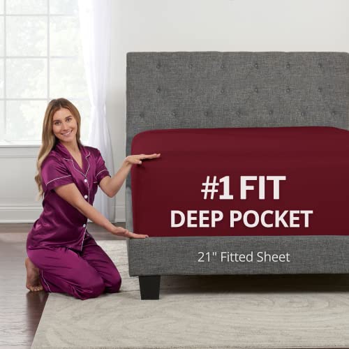 Twin Deep Pocket Fitted Sheet - 21" Bottom Sheet Perfectly Fits 17"23" Deep Mattress & Toppers - Lovely Soft Joyful Feel - Burgundy