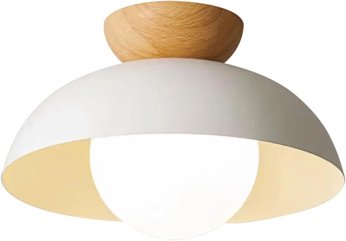 Mid Century Flush Mount Ceiling Light Fixture Vintage Close to Ceiling Light 11.81-inch Ceiling Lamp Wood Grain Texture Decoration Glass Chandelier for Porch Dining Room Bathroom