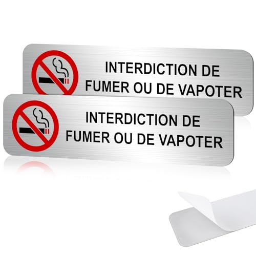 2 Panneaux Interdiction de Fumer ou de Vapoter, 19×5 cm, Aluminium Intérieur/Extérieur, avec Autocollant, Signalétique Anti-Tabac & Anti-Vape