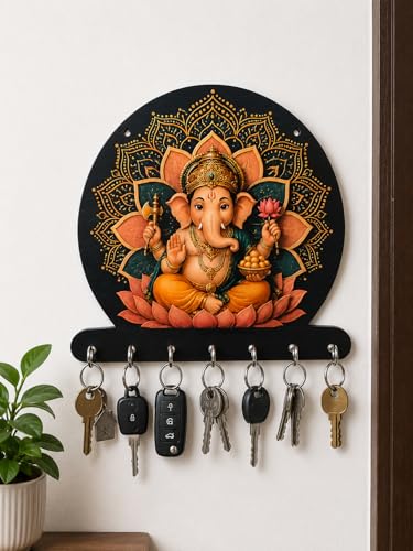 Image of Zepdos Lord Ganesha Home Decor Key Hanger for Wall | Flute Design Key Hanger with 7 Hooks | Entrance Wall Mount Key Stand for Home, Living Room, Office, Gift Item (23 x 23 CM) (2 Pcs)
