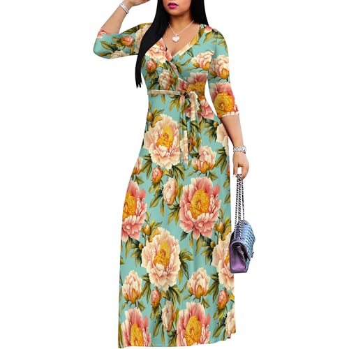 Image of Plus Size Maxi Dress for Women V Neck 3 /4 Sleeve Wrap Dress