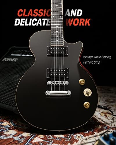 Donner LP Electric Guitar Kit Full Size Guitar Starter Set 39 Inch Solid Body with Bag, Strap, Cable (LP Style, Black)