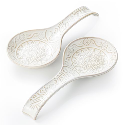 Ceramic Spoon Rest, 9 Inches Large Spoon Holder for Kitchen Counter, Set of 2, Kitchen Accessories, Dishwasher Safe, White