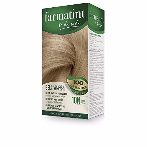 Farmatint Gel 10N Rubio Platino | Color natural y duradero | Componentes vegetales y aceites naturales | Sin amoníaco | Sin Parabenos | Dermatológicamente testado, 135ml