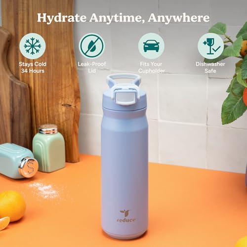 Image of REDUCE 24 oz Hydrate Pro Stainless Steel Insulated Water Bottle - Flip Top Leak-Proof Lid, Dishwasher Safe, BPA-Free, Dual Wall Vacuum, Keeps Drinks Cold for 48 Hrs, Cup Holder Friendly - Glacier